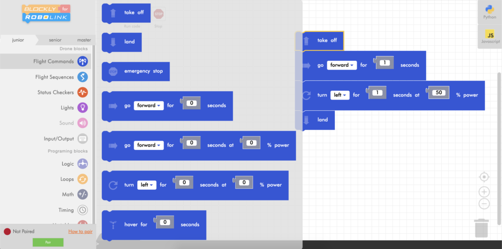 Blockly workspace with menu and code