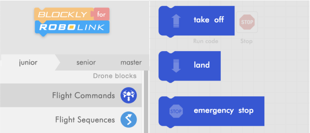 Blockly Junior menu - take off, land, emergency stop