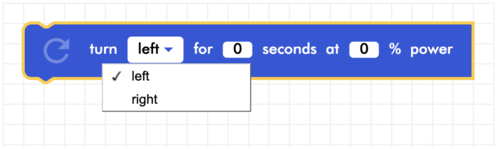 Blockly Junior turn _ for _ seconds at _ % power block