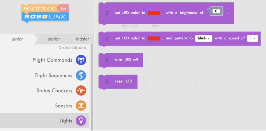 Blockly Junior lights menu