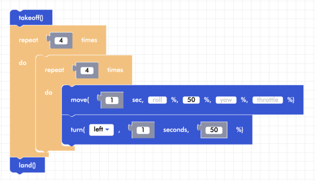 Blockly Senior nested loop square program with takeoff and landing