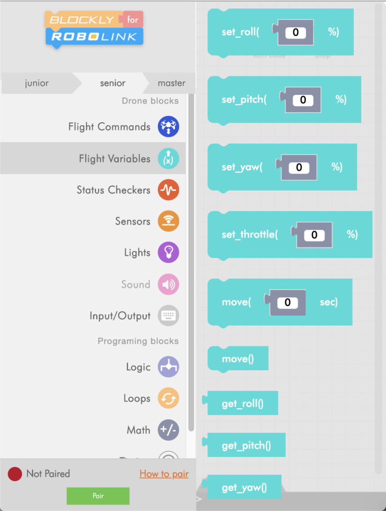 Blockly Senior flight variables menu