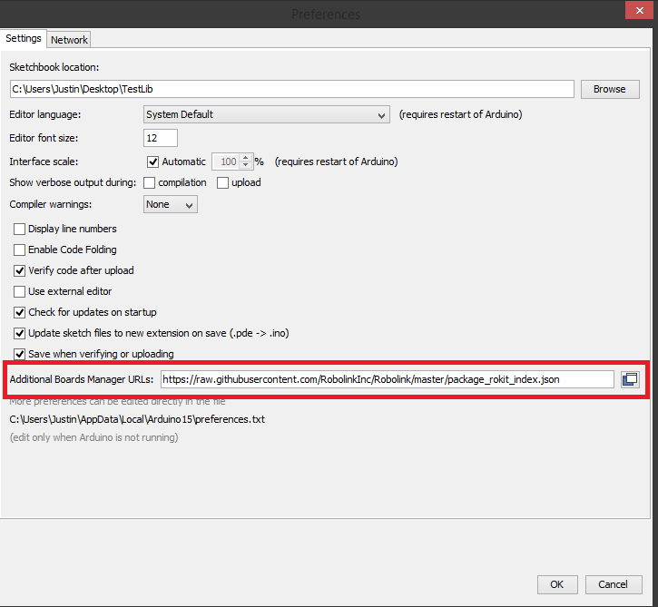 Arduino additional board managers window