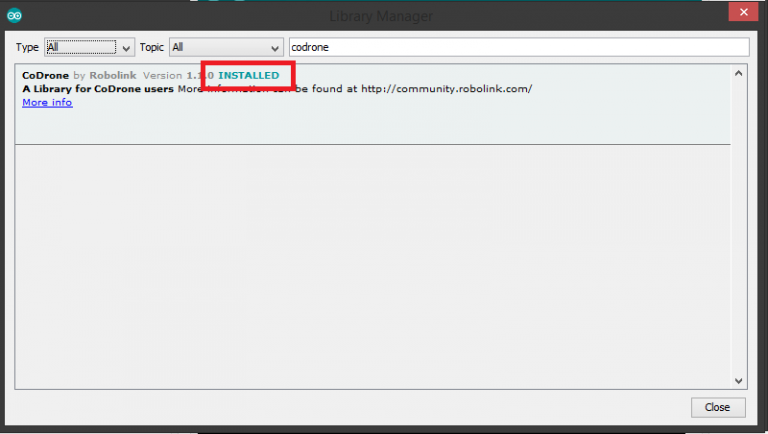 Arduino CoDrone library installation confirmed