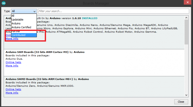 Arduino boards manager search
