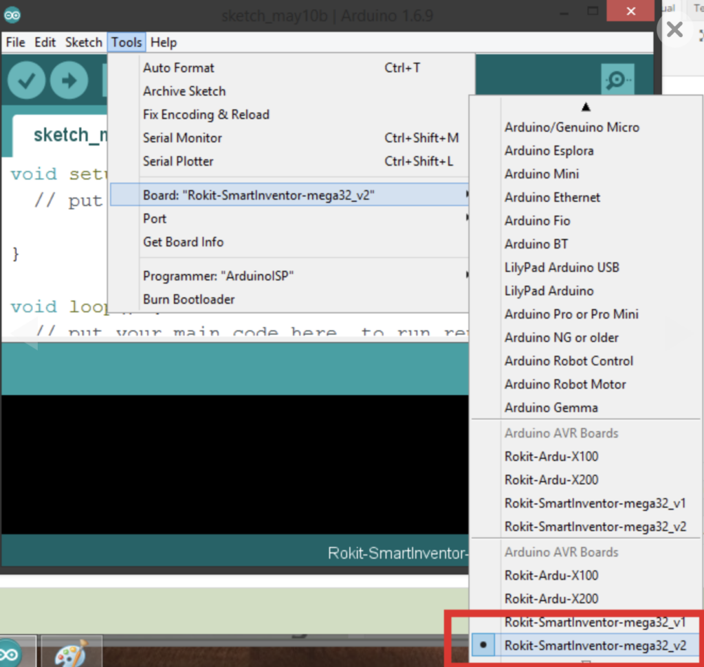 Arduino board selection menu