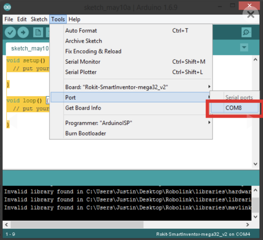 Arduino port menu COM