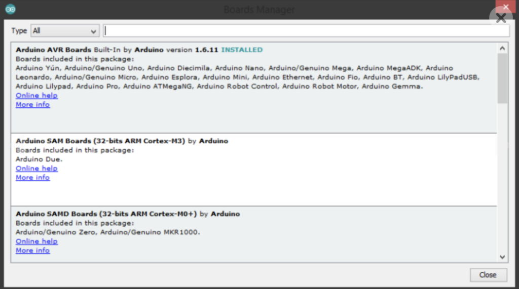 Arduino boards manager