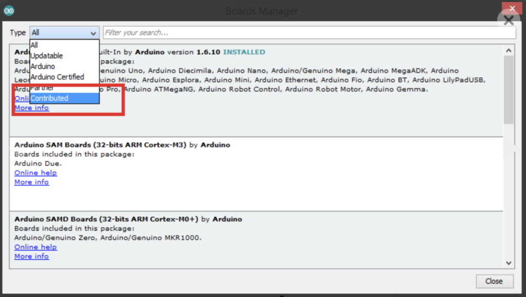 Arduino boards manager type menu with contributed selected