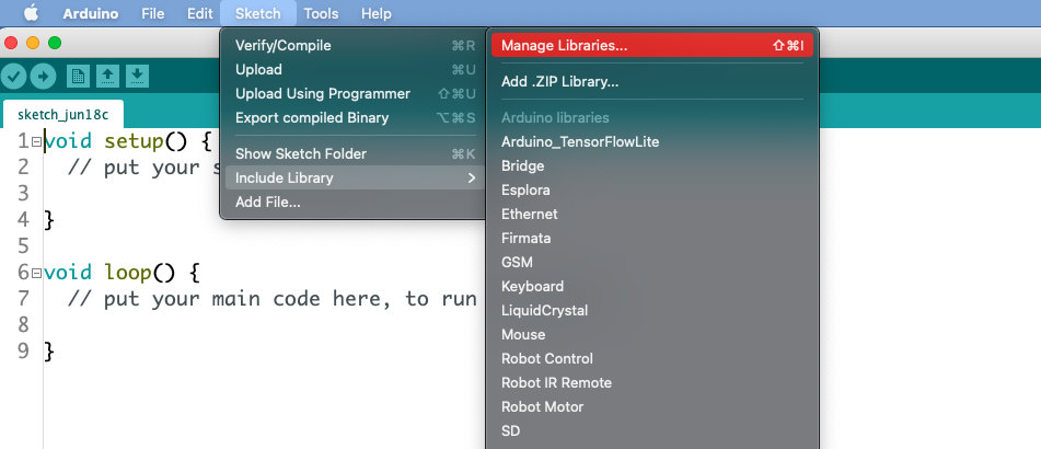 Arduino manage libraries menu
