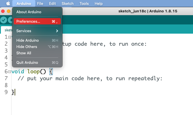 Arduino preferences menu