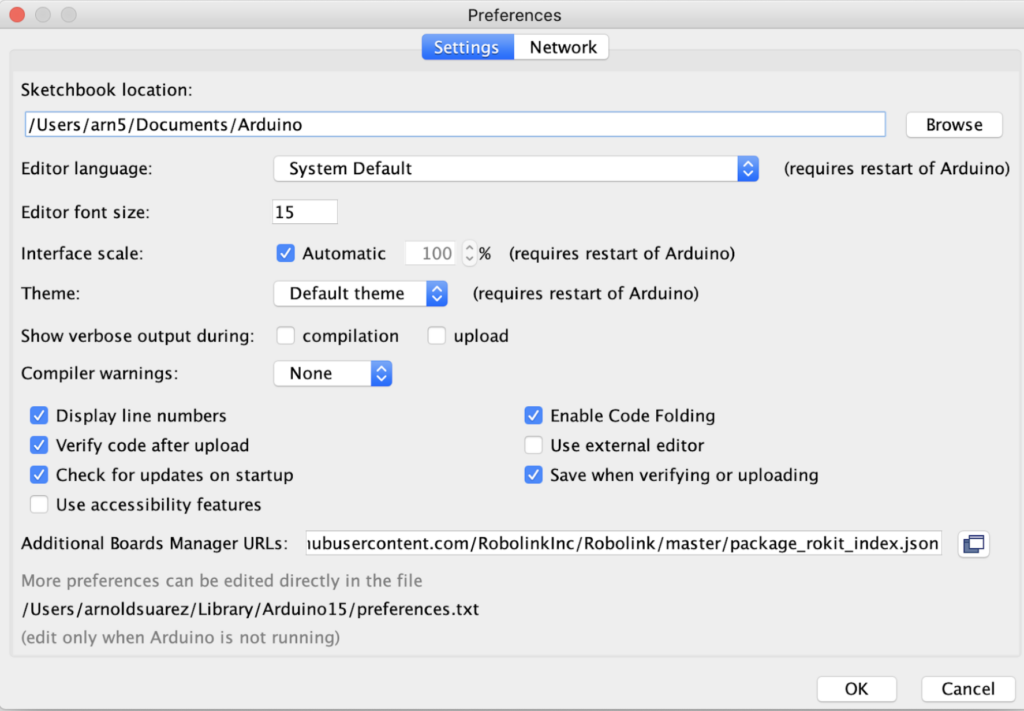 arduino preferences window