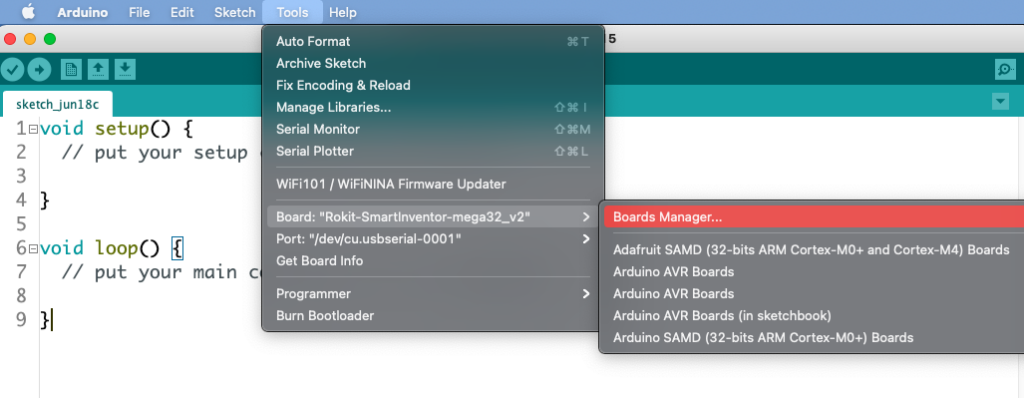 arduino boards manager menu