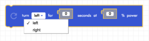 CoDrone Blockly junior turn for _ seconds at _ % power block