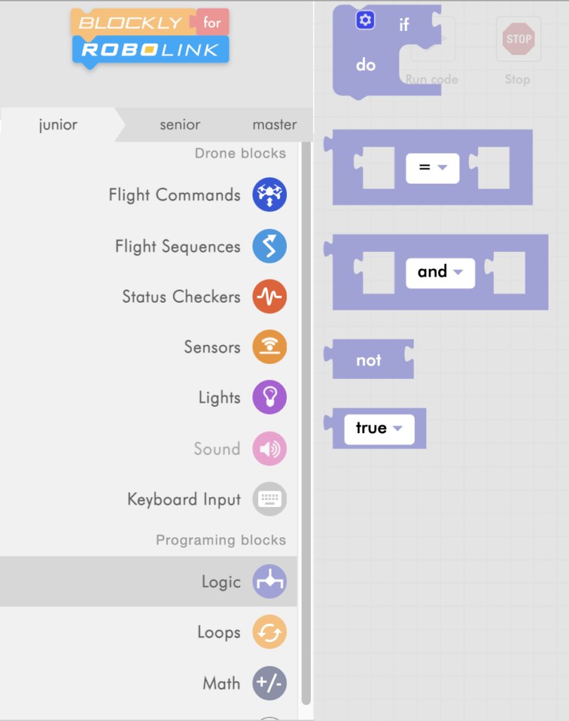 CoDrone Blockly junior logic menu