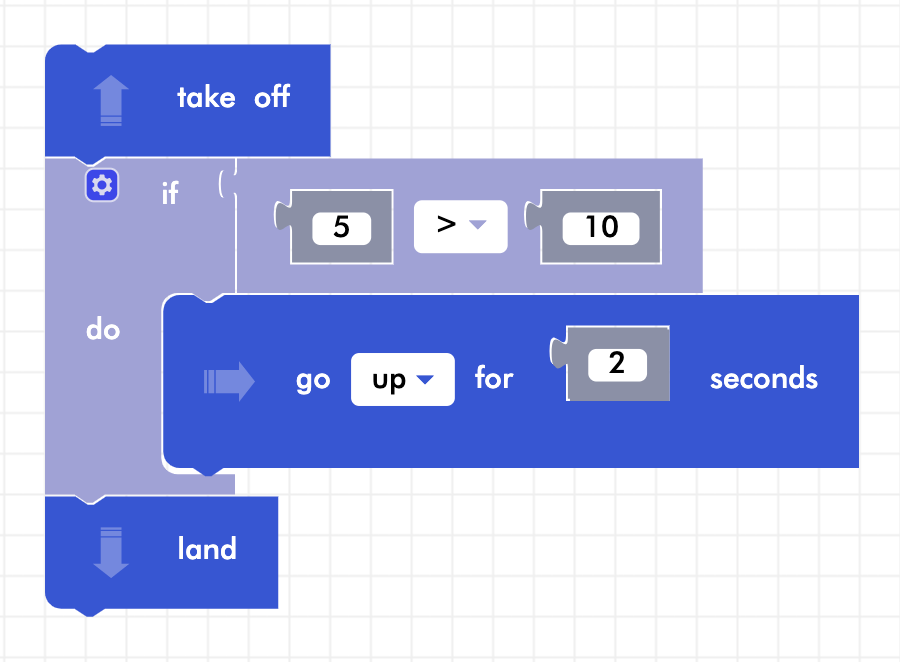 CoDrone Blockly junior if statement program 5>10