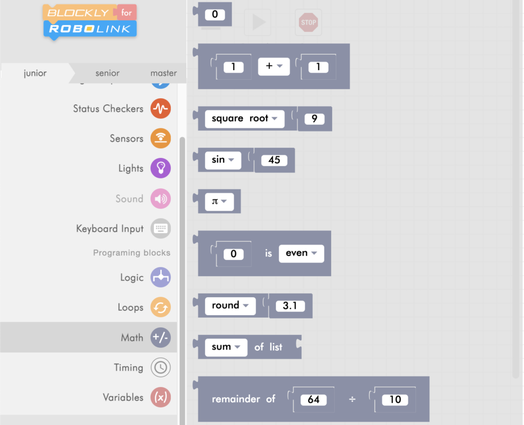 CoDrone Blockly junior math menu