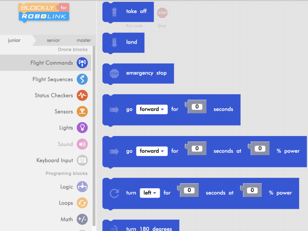 CoDrone Blockly junior flight commands menu