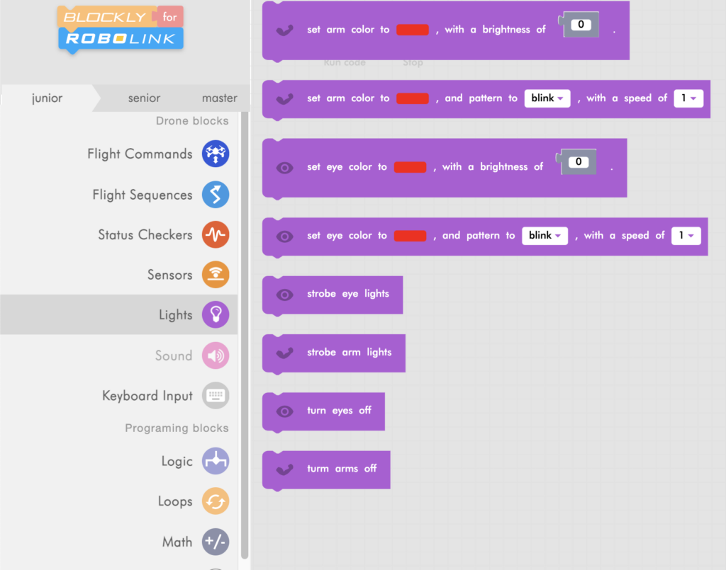 CoDrone Blockly junior lights menu