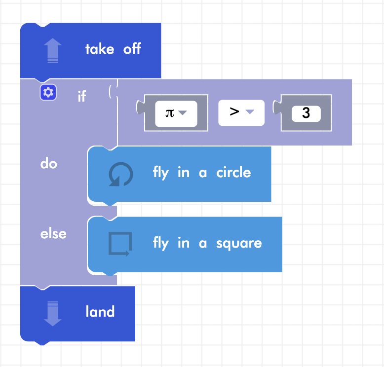 CoDrone Blockly junior if else statement program with pi