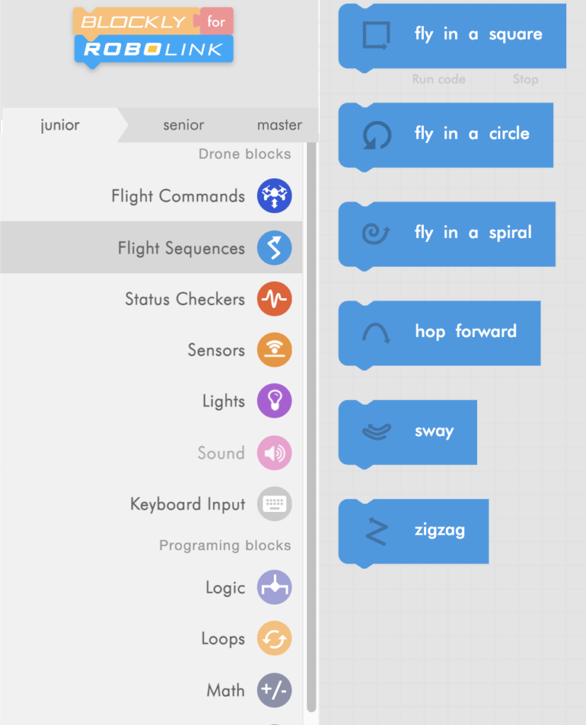 CoDrone Blockly junior flight sequences menu