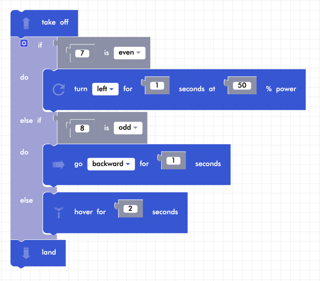 CoDrone Blockly junior else if program, 7 is even and 8 is odd