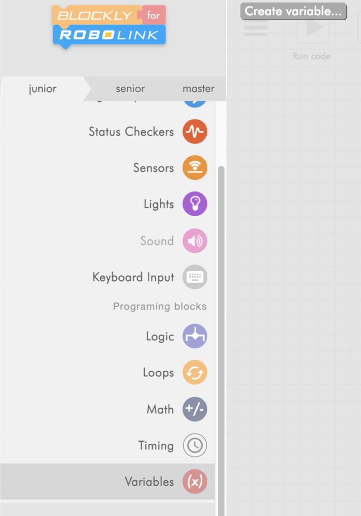 CoDrone Blockly junior variables menu