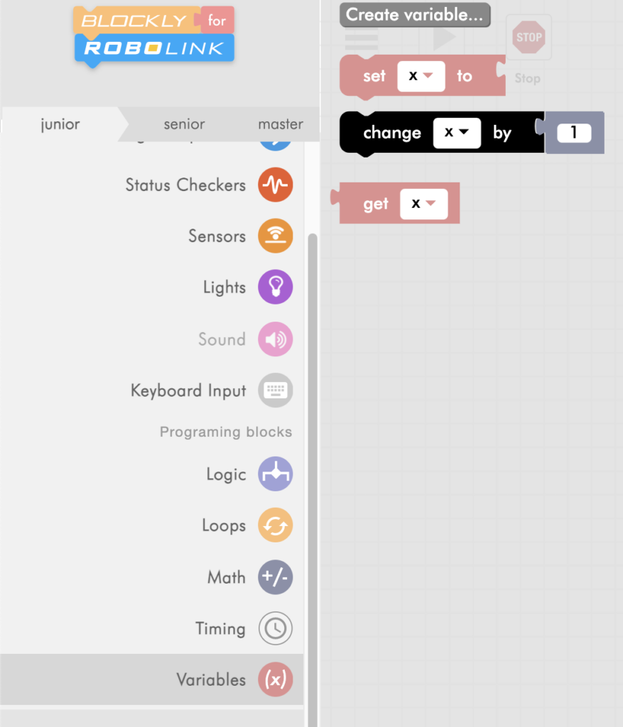 CoDrone Blockly junior variables menu with additional blocks
