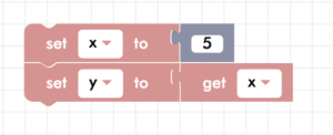 CoDrone Blockly variable blocks, set x to 5, set y to get x