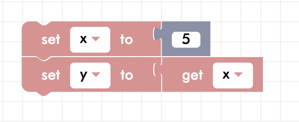 CoDrone Blockly variable blocks, set x to 5, set y to get x