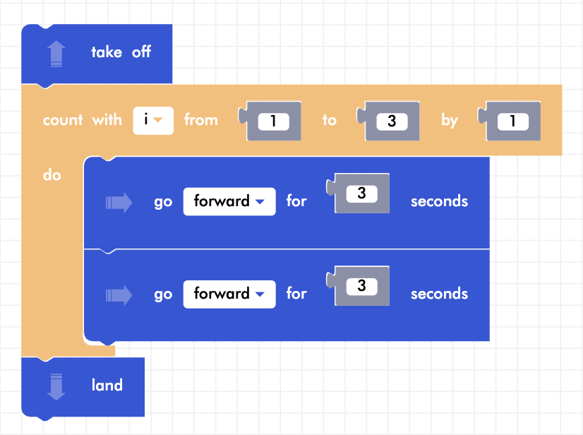 CoDrone Blockly junior stair program with count 3 times for loop