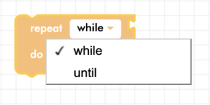 CoDrone Blockly while loop block with dropdown menu expanded