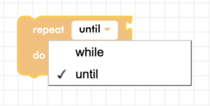 CoDrone Blockly repeat until loop block with dropdown menu expanded