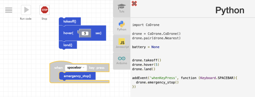CoDrone Blockly senior flight events program with expanded Python menu