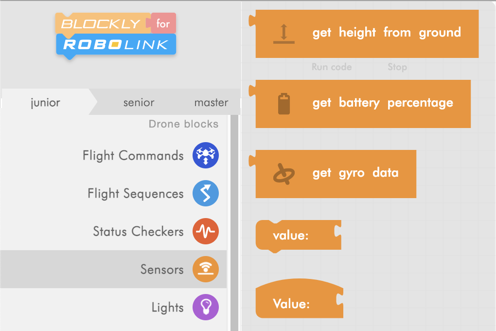 CoDrone Blockly junior sensors menu