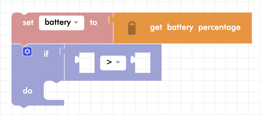 CoDrone Blockly junior battery sensor program with variable, conditional, and greater than equation