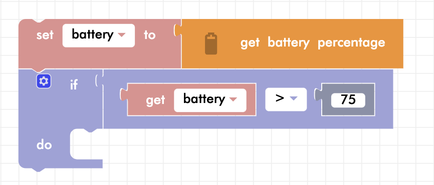 CoDrone Blockly junior battery sensor program with variable, conditional, and battery > 75