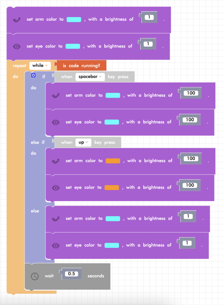 CoDrone Blockly junior LED keyboard input complete code with else if statement and up key input