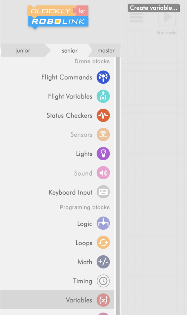 CoDrone Blockly senior variable menu