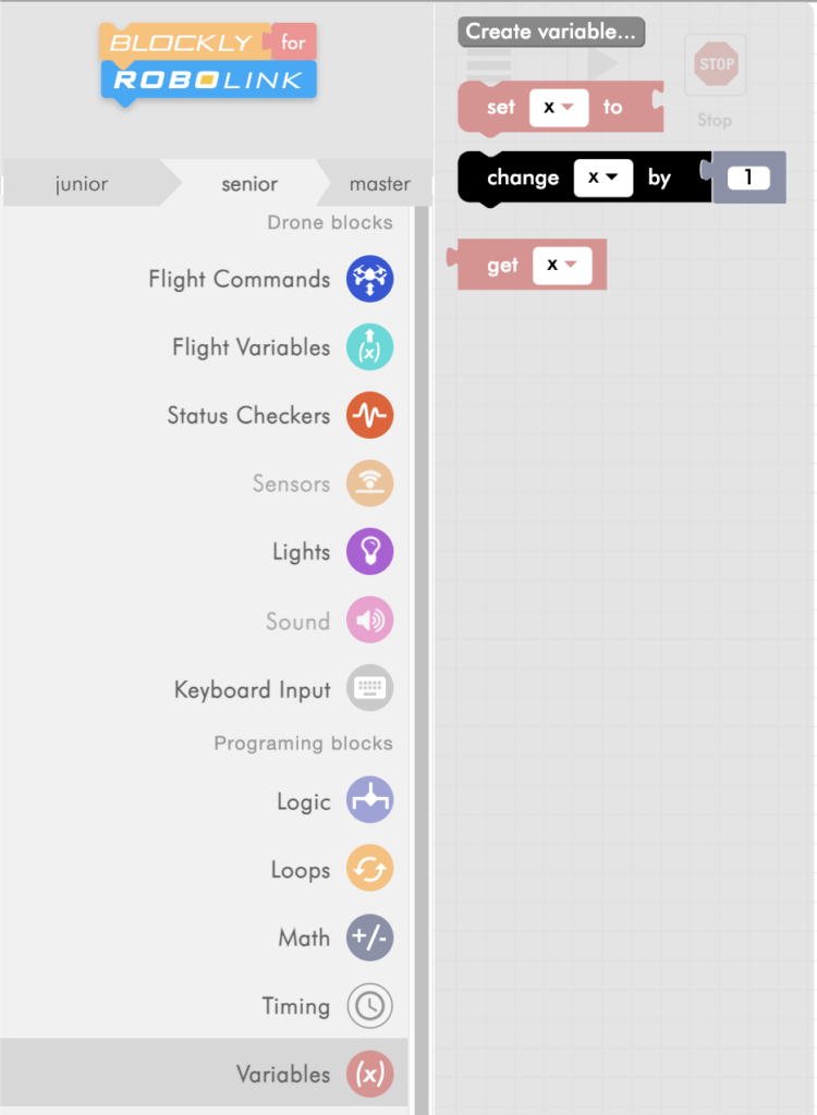 CoDrone Blockly senior variables menu