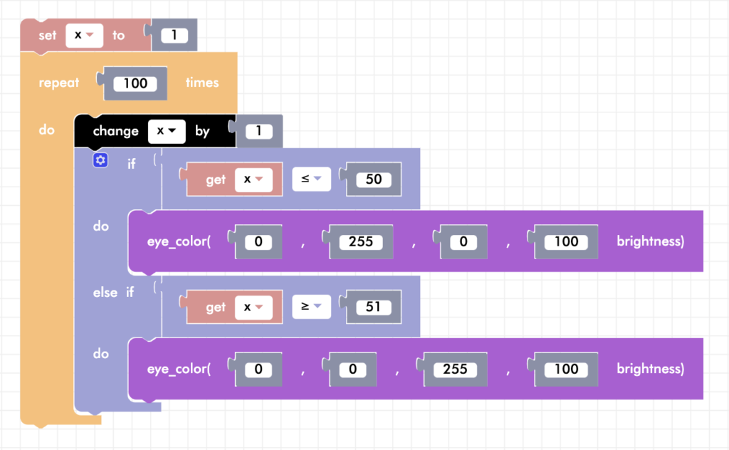 CoDrone Blockly senior LED variable example program