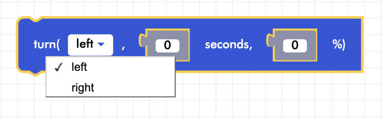 CoDrone Blockly senior turn block with expanded drop down menu