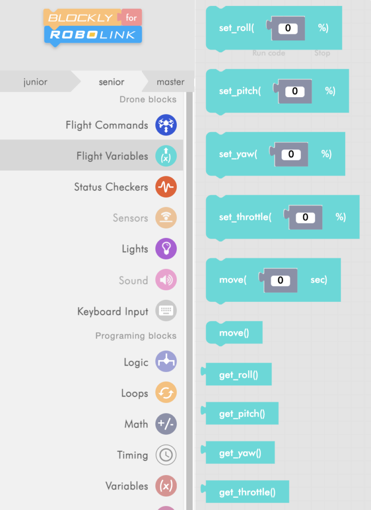 CoDrone Blockly senior flight variables menu