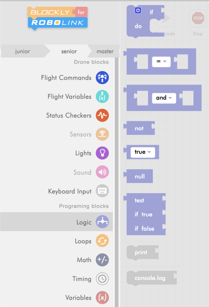 CoDrone Blockly senior logic menu