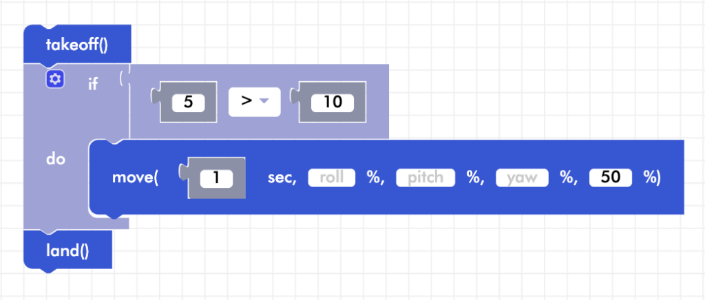 CoDrone Blockly senior if statement example program 5>10