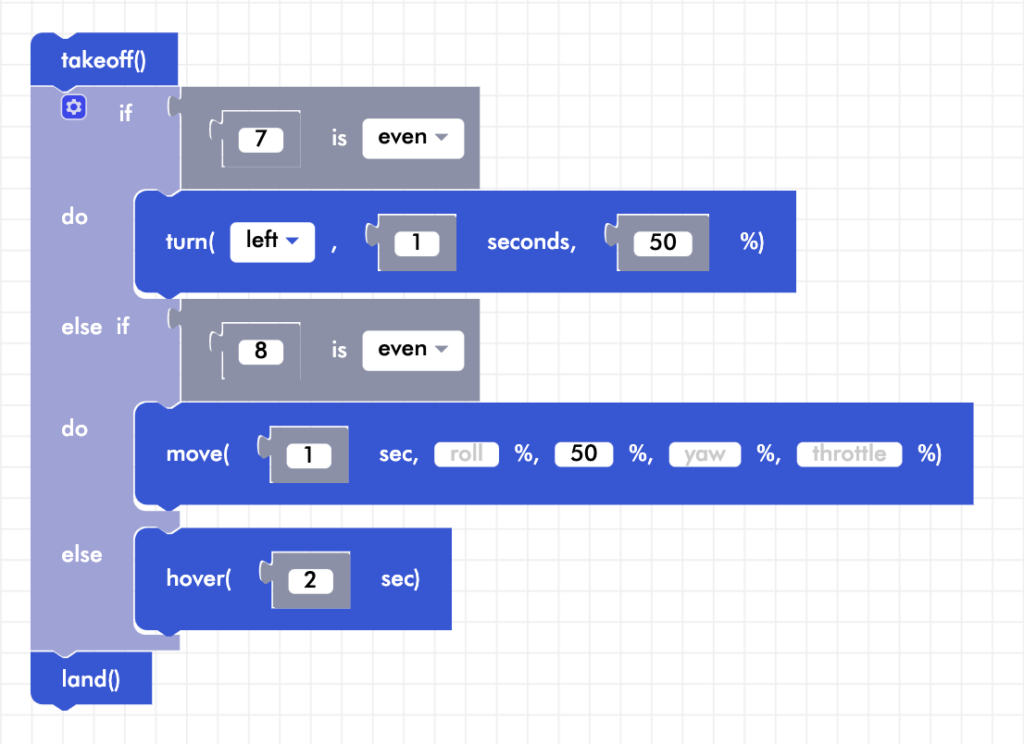 CoDrone Blockly senior else if example program, 7 and 8 are even