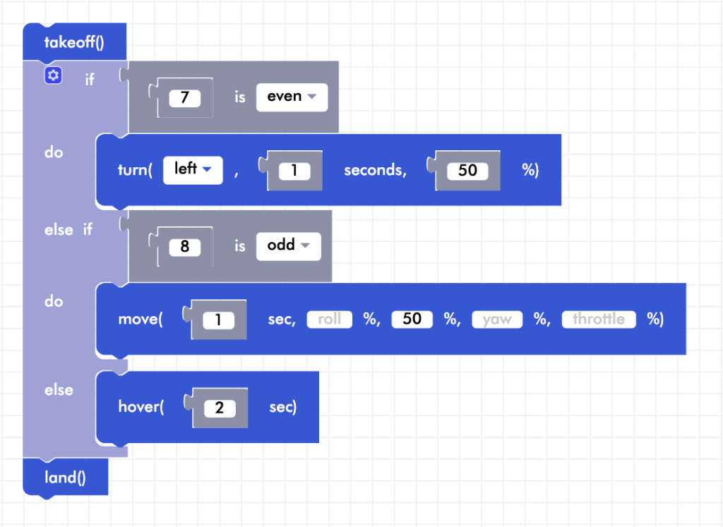 CoDrone Blockly senior else if example program, 7 is even and 8 is odd
