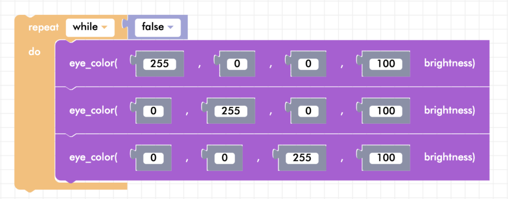 CoDrone Blockly senior LED forever loop example program - false