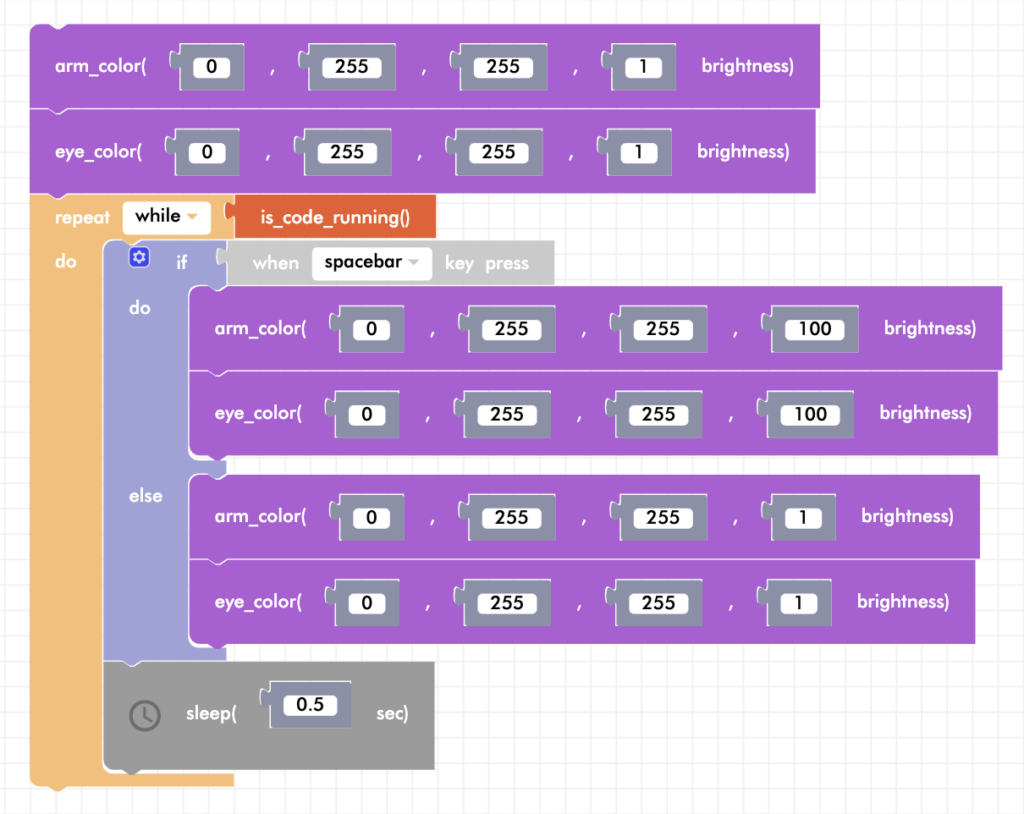 CoDrone Blockly senior LED keyboard input example with wait block
