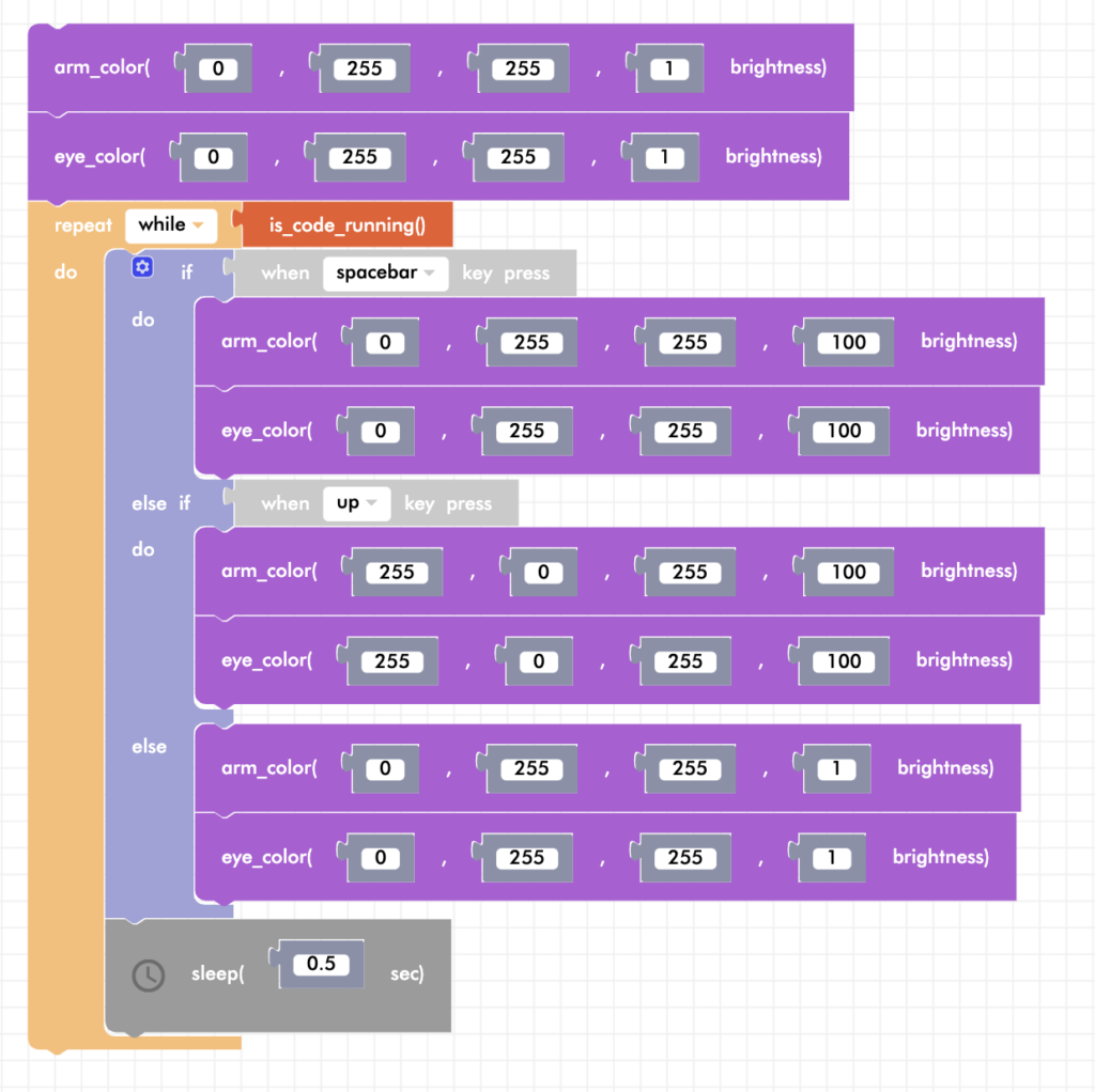 CoDrone Blockly senior LED keyboard input example with else if statement